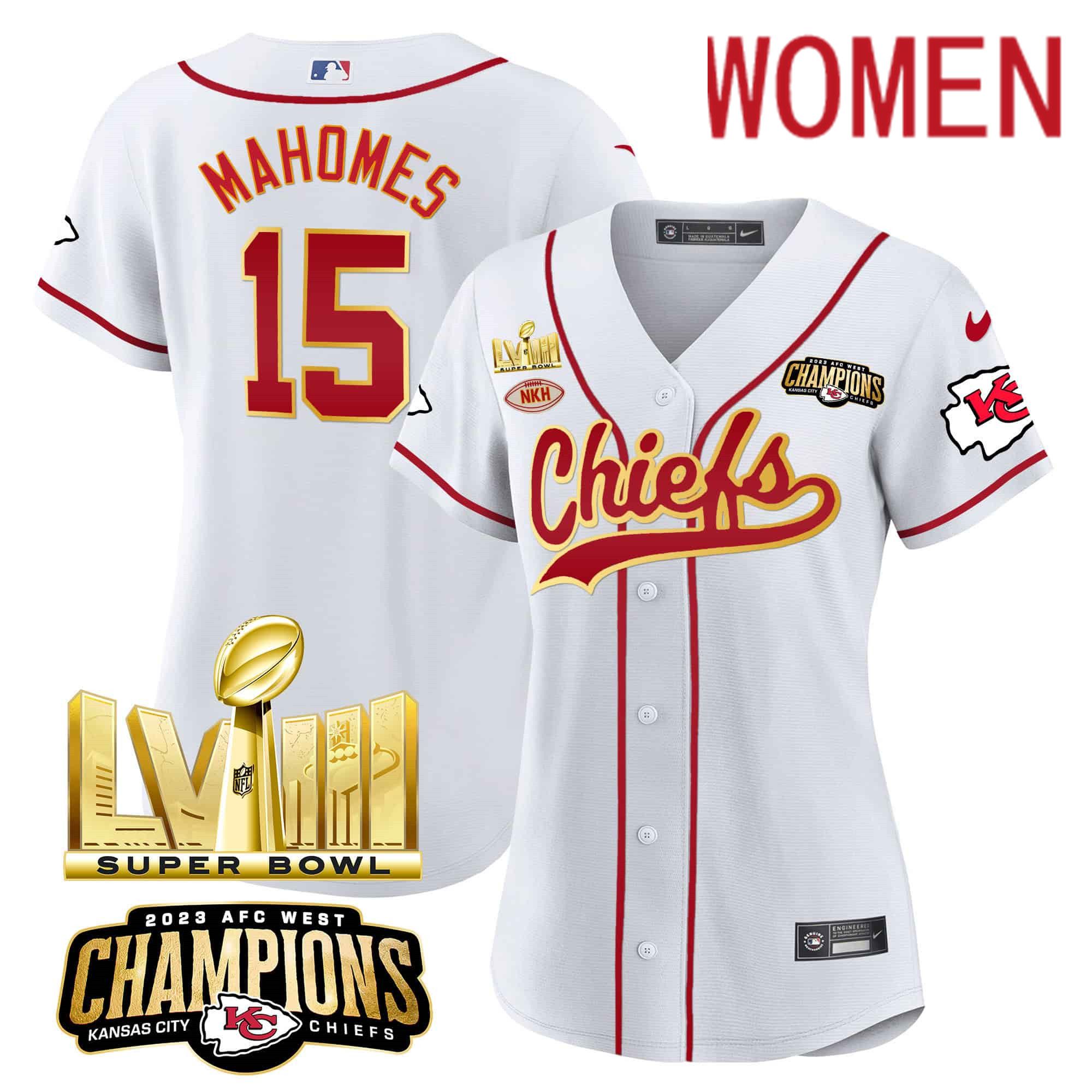 Women Kansas City Chiefs 15 Mahomes White 2024 Nike Super Bowl LVIII Back 2 Back Gold Patch Baseball NFL Jersey